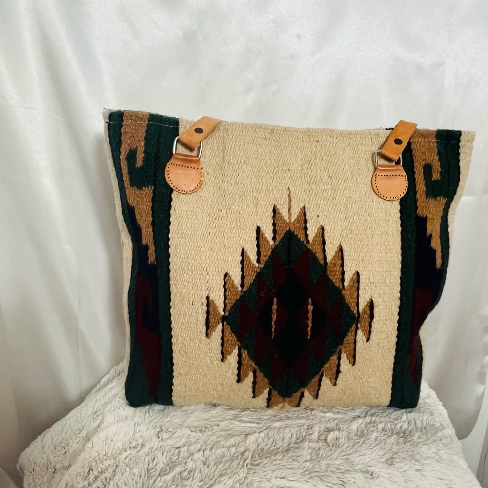 Cream and Brown Navajo Pattern Tote Bag. With leather straps.